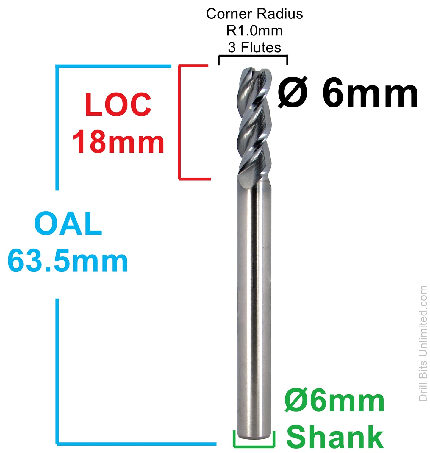6mm carbide corner radius end mill dimensions LOC 18mm OAL 63.5mm