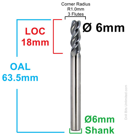 6mm carbide corner radius end mill dimensions LOC 18mm OAL 63.5mm