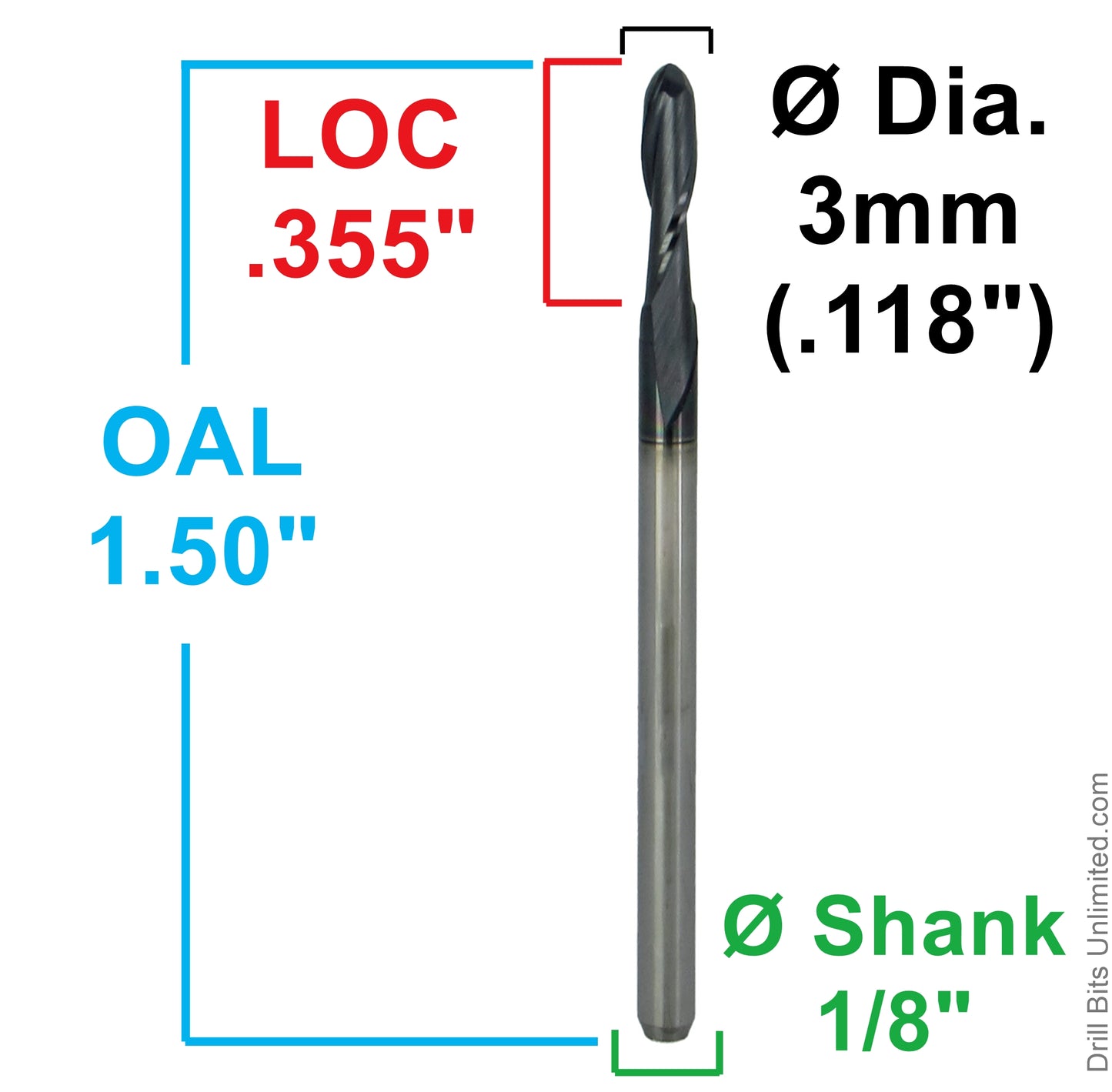 3mm (.118) 2 flute ball nose carbide end mill dimensions LOC .355 OAL 1.5 1625-118L355