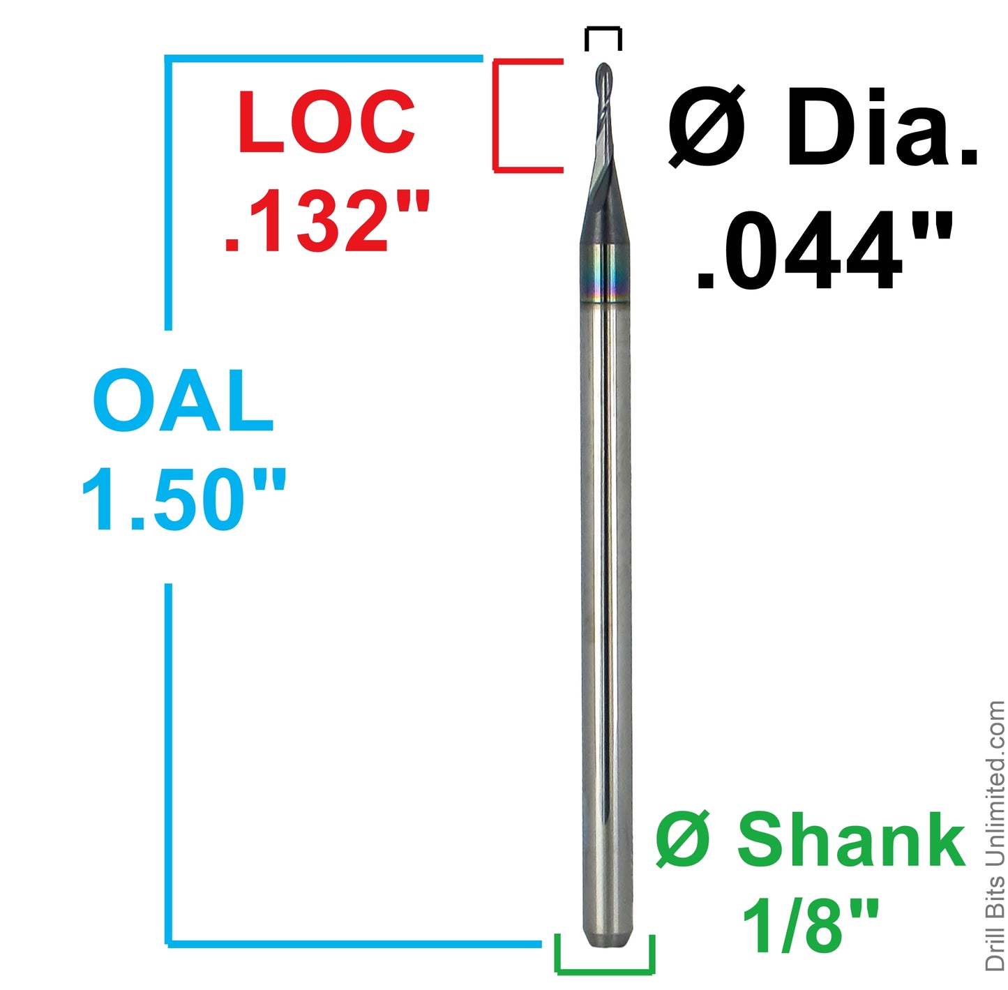 0.044 ball nose carbide end mill dimensions LOC .132 OAL 1.5 1625-0440L132