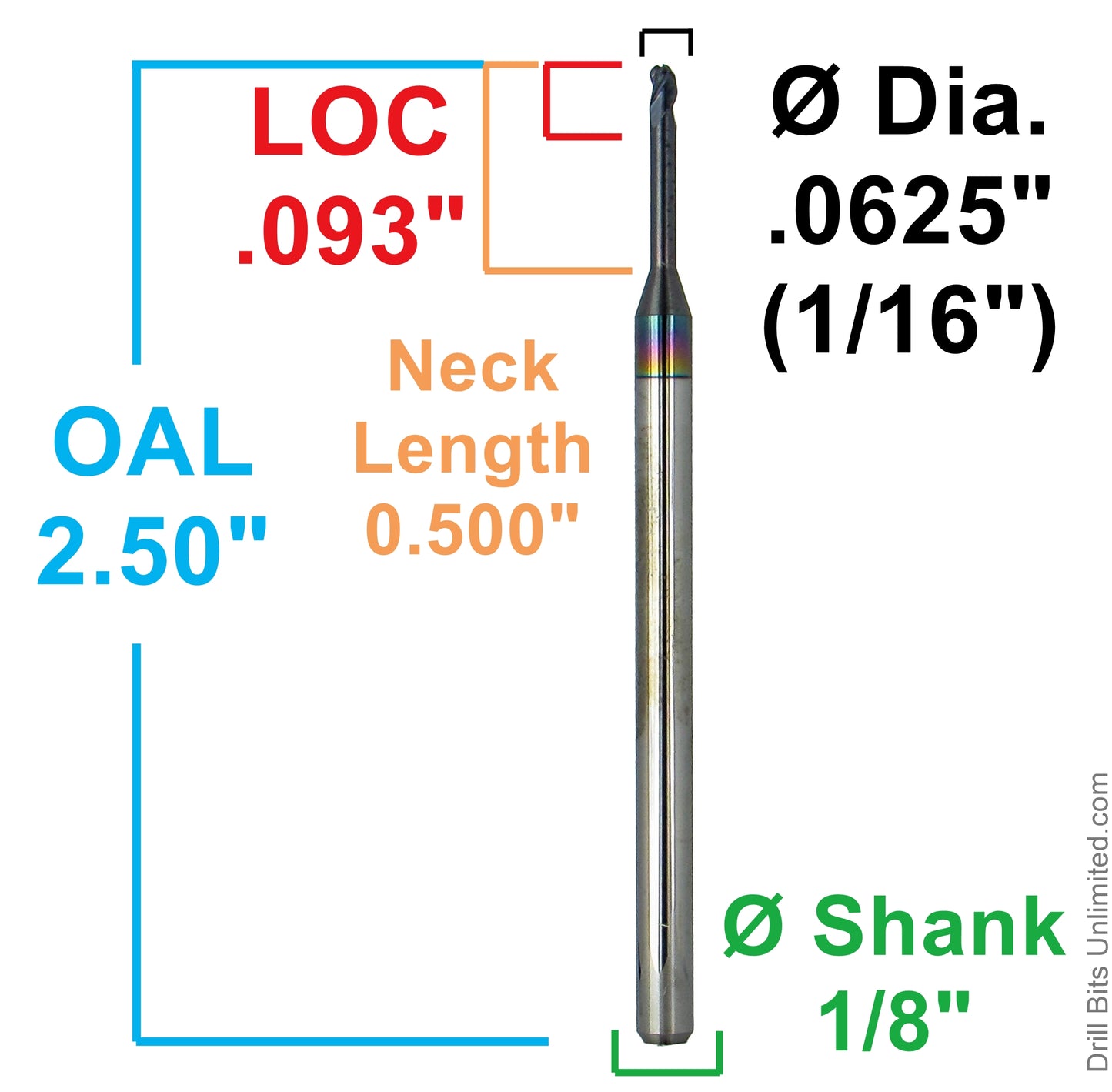 1/16 ball nose end mill dimensions loc .093 neck .500 oal 2.5 shank 1/8