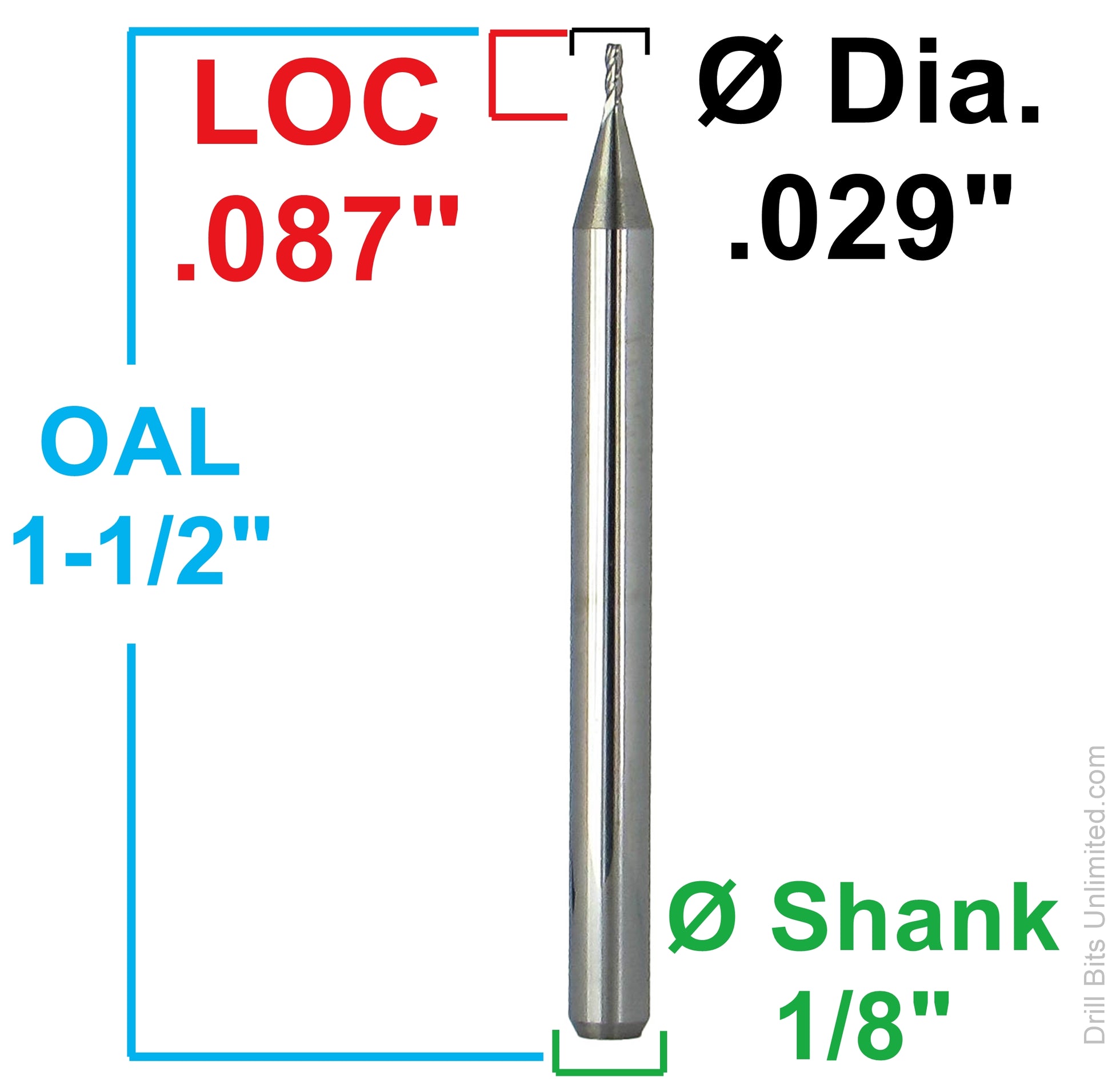 0.029 square end mill dimensions loc .087 oal 1.5 shank 1-8