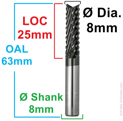 8.00mm (.3150") DLC-Coated Diamond Flute Router, 25mm LOC, Fish Tail, Up-Cut, 8mm Shank | K021