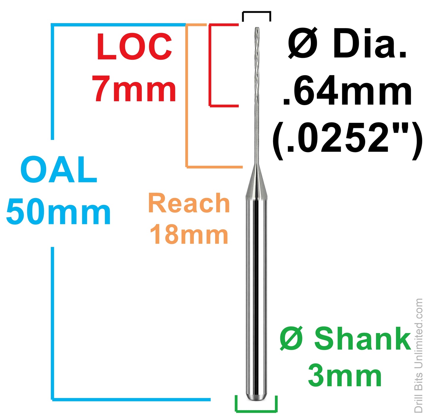 0.64mm (.0252") 4-Flute Carbide Micro Reamer 3mm Shank MR34-0252.281 K226
