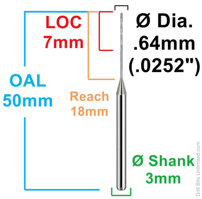 0.64mm (.0252") 4-Flute Carbide Micro Reamer 3mm Shank MR34-0252.281 K226