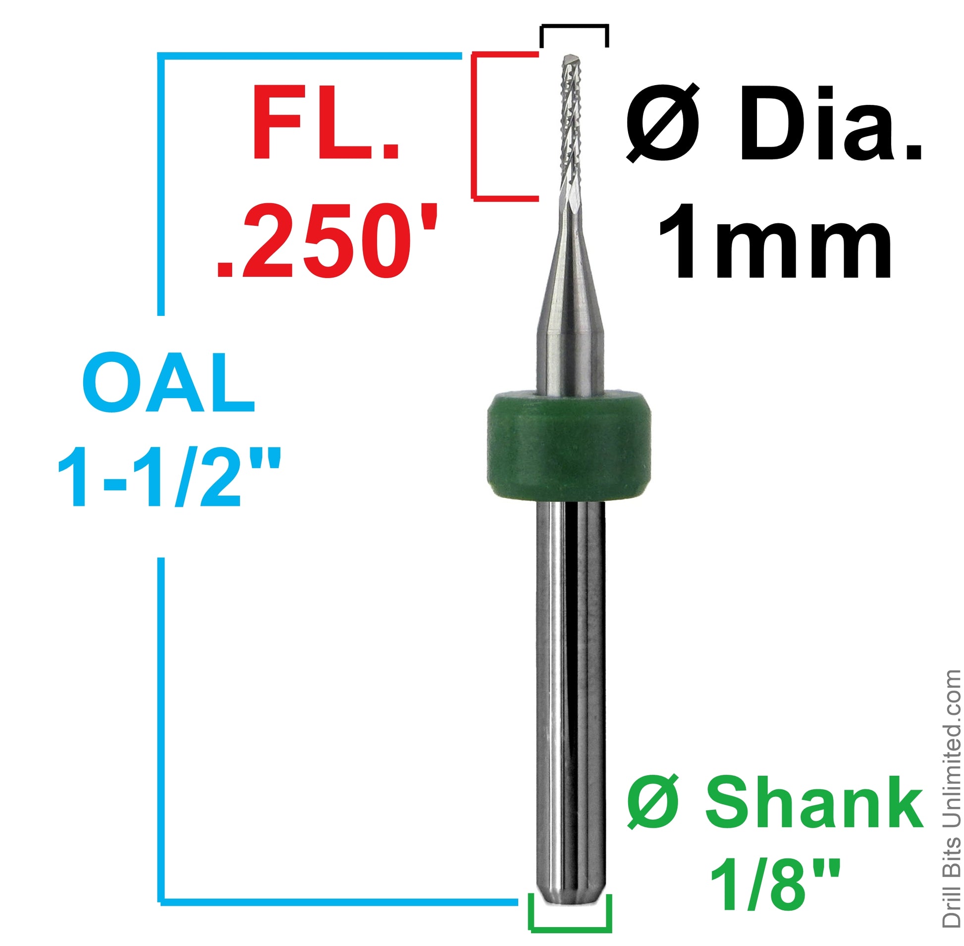 1.00mm chip breaker router showing .250 inch LOC and 1/8 inch shank dimensions