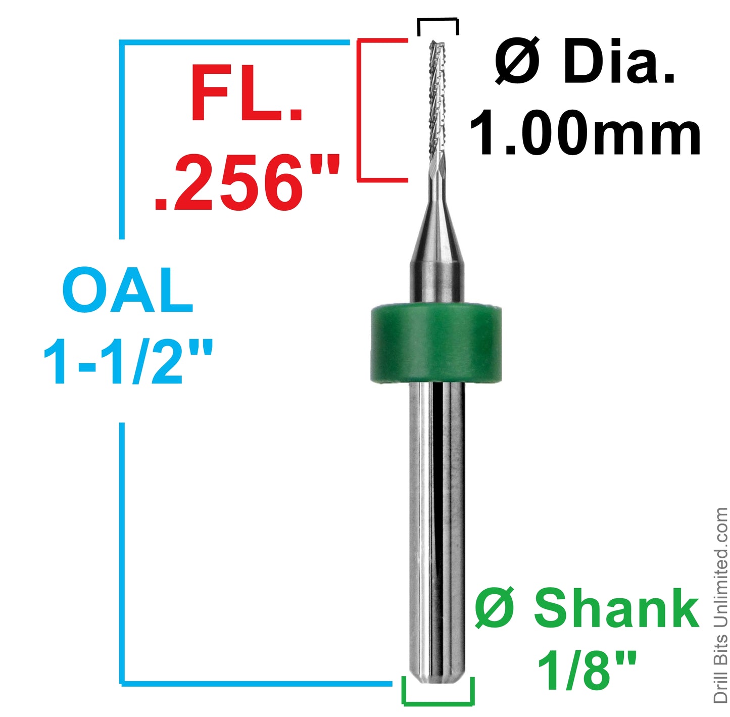 1.00mm chip breaker router showing .256 inch LOC and 1/8 inch shank dimensions