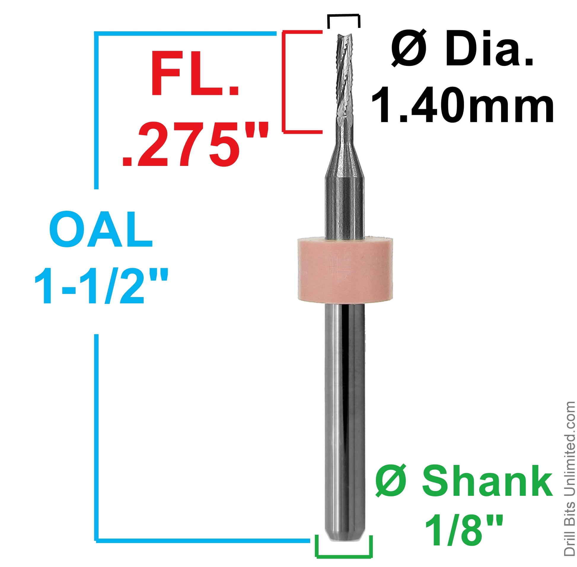 1.40mm chip breaker router showing .275 inch LOC and 1/8 inch shank dimensions