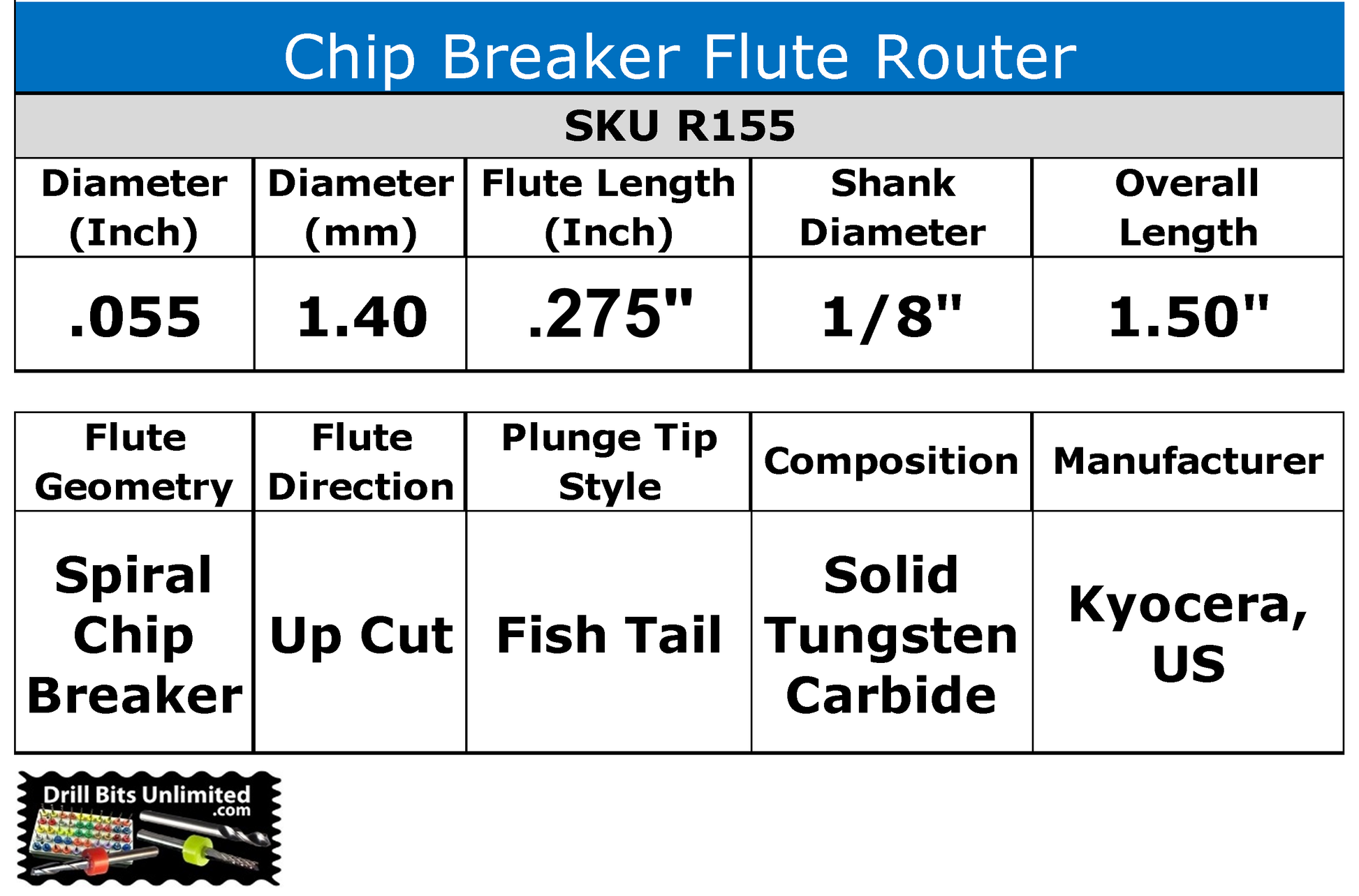 Chip breaker carbide router specifications 1.40mm diameter .275 LOC fish tail Kyocera USA