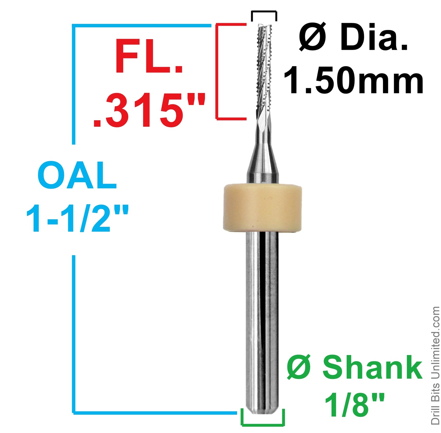 1.50mm chip breaker router showing .315 inch LOC and 1/8 inch shank dimensions