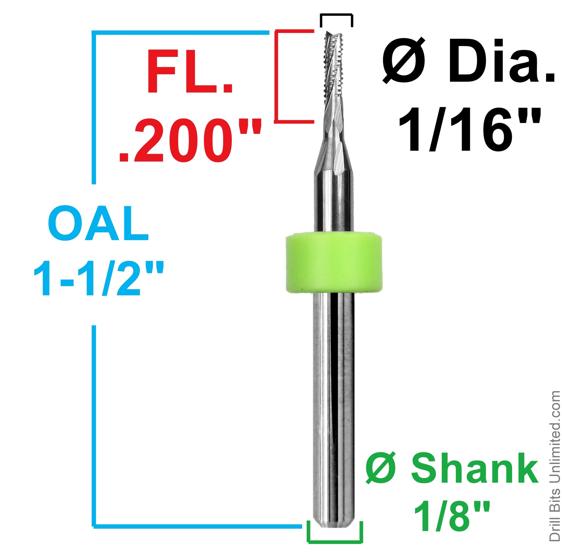 1/16 inch chip breaker router showing .200 inch LOC and 1/8 inch shank dimensions