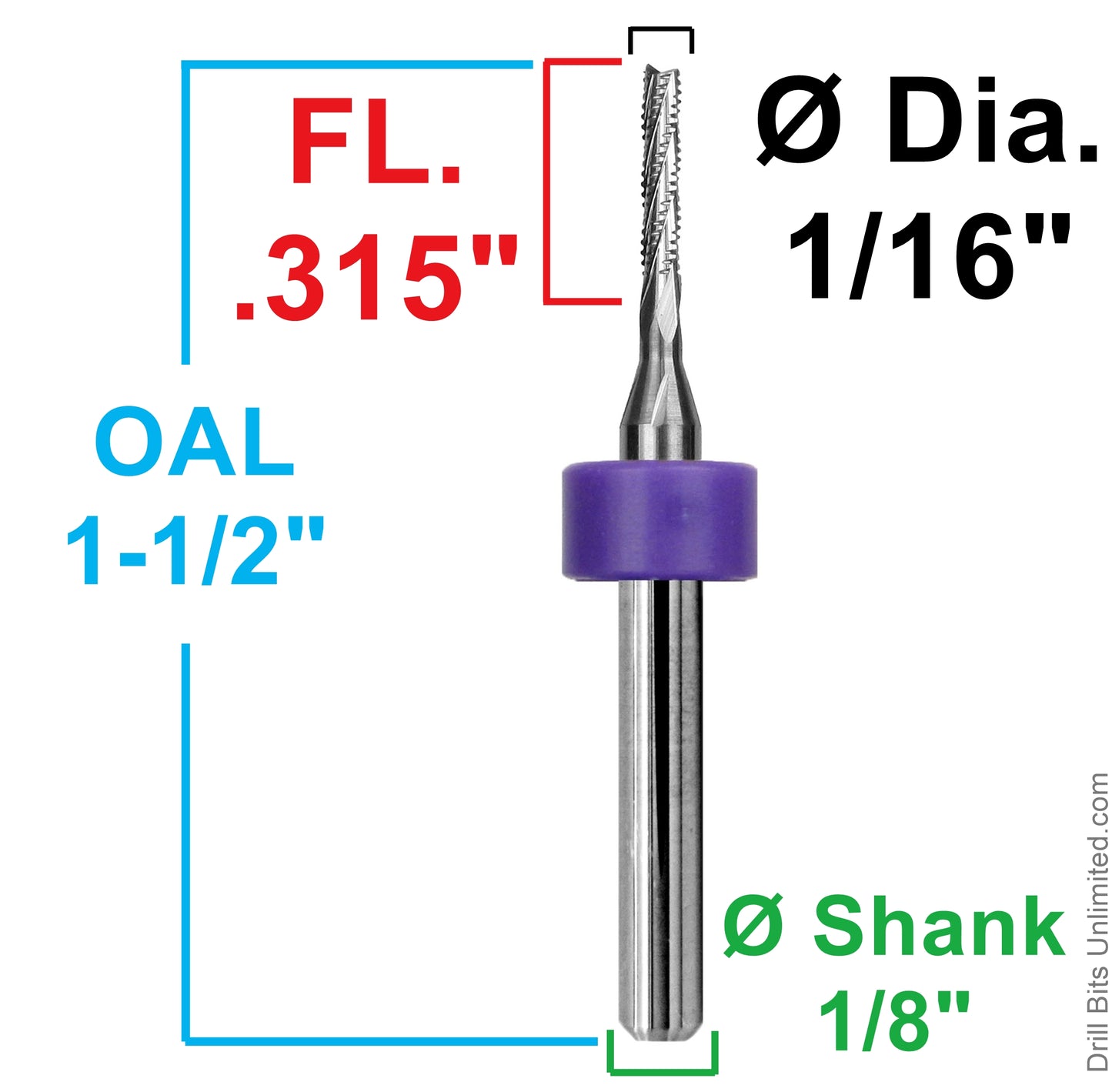 1/16 inch chip breaker router showing .315 inch LOC and 1/8 inch shank dimensions