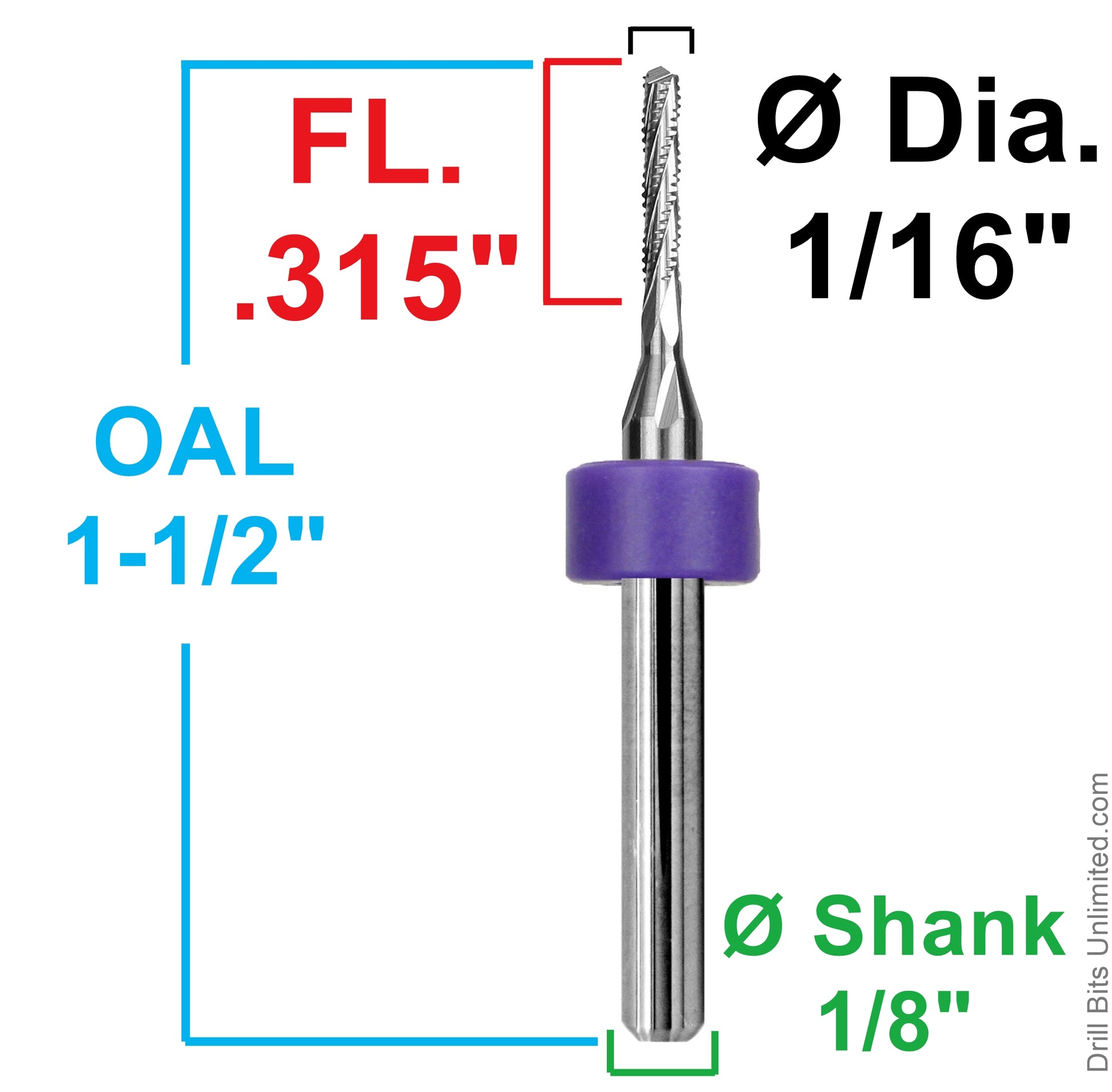 1/16 inch chip breaker router showing .315 inch LOC and 1/8 inch shank dimensions