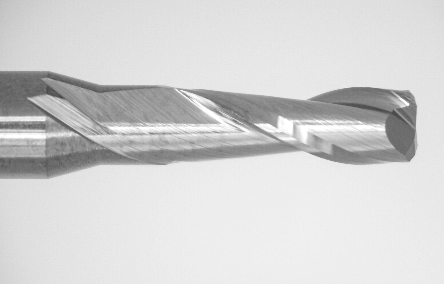 Close-up of cutting end on Kyocera .0900 inch 2-flute uncoated corner radius carbide end mill