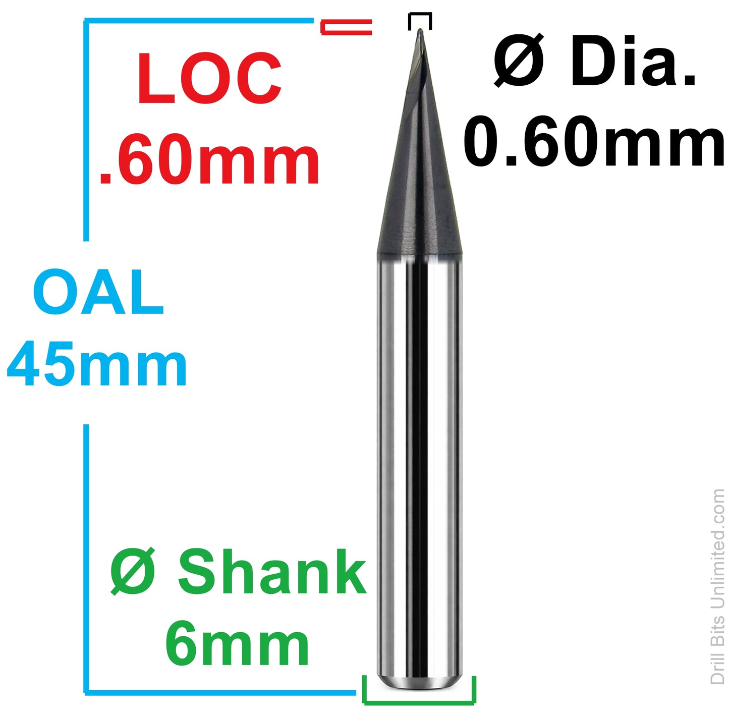 Dimensional drawing of Kyocera 1625-0236J024S ball nose end mill showing 0.60mm diameter, 0.60mm LOC, 45mm overall length, and 6mm shank