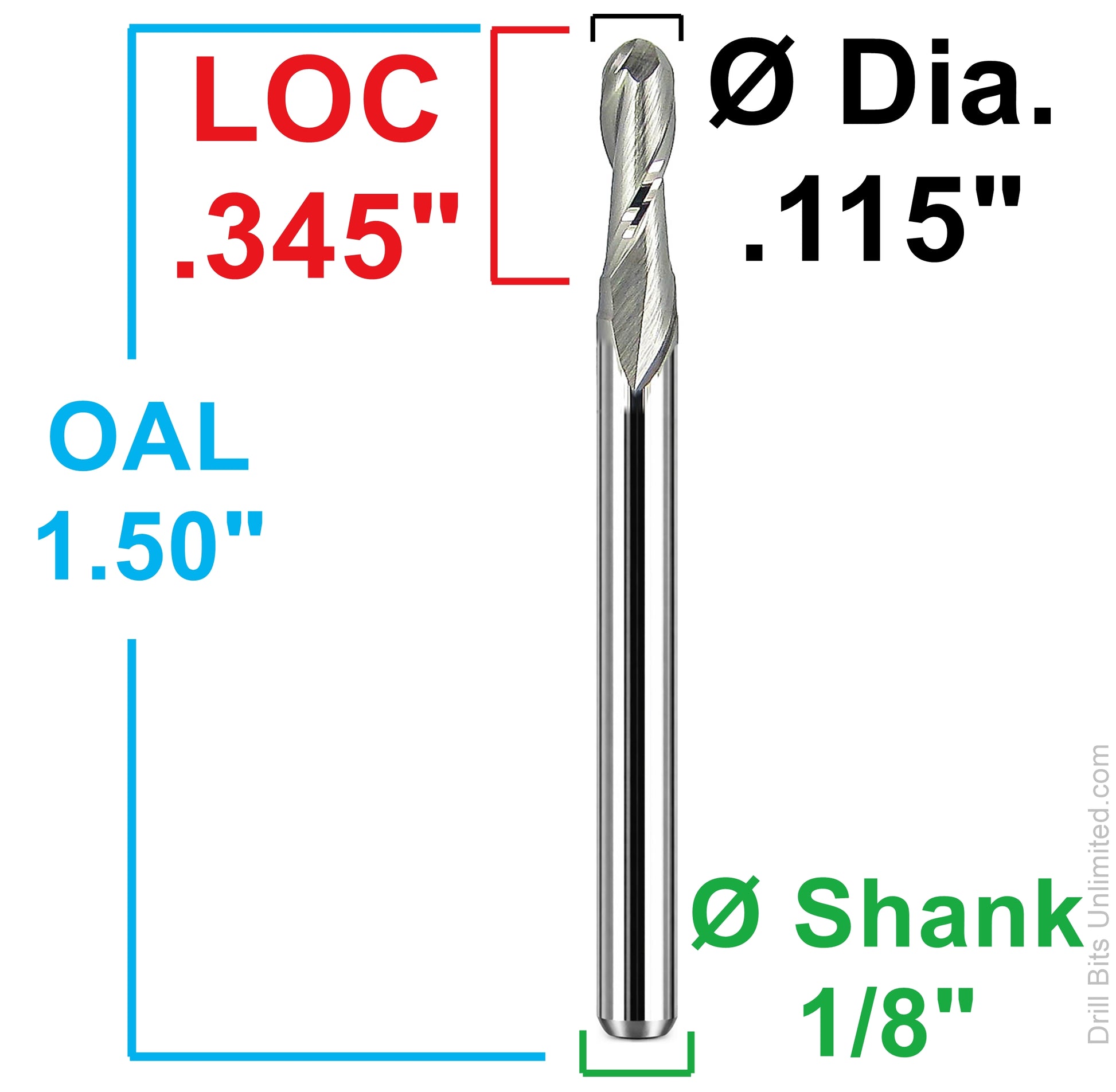 Dimensional drawing of Kyocera 1625-1150.345 ball nose end mill showing .115 diameter, .345 LOC, 1.50 overall length, and 1/8 shank