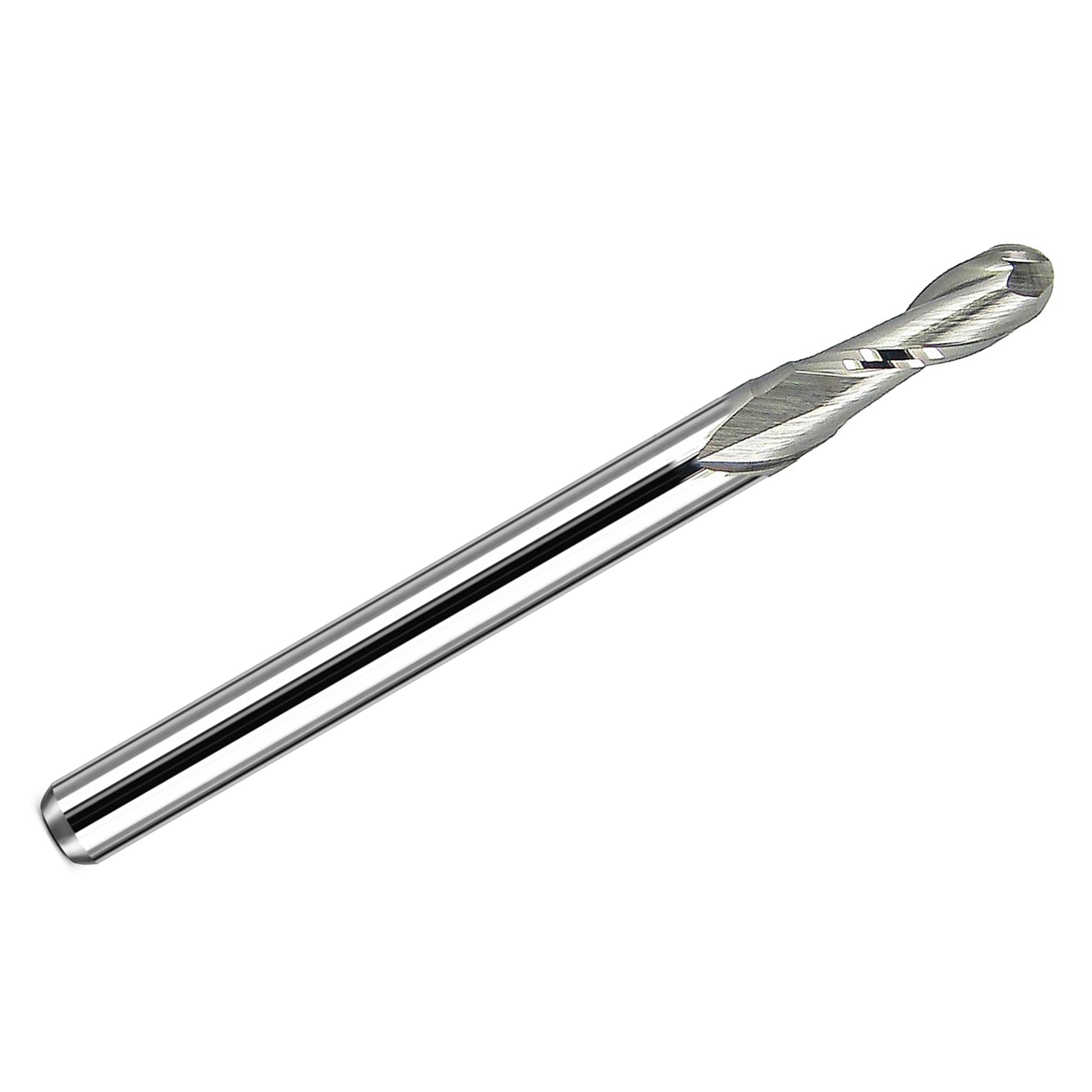 Kyocera .1150 inch 2-flute ball nose carbide end mill with bright uncoated finish and 1/8 inch shank, made in USA