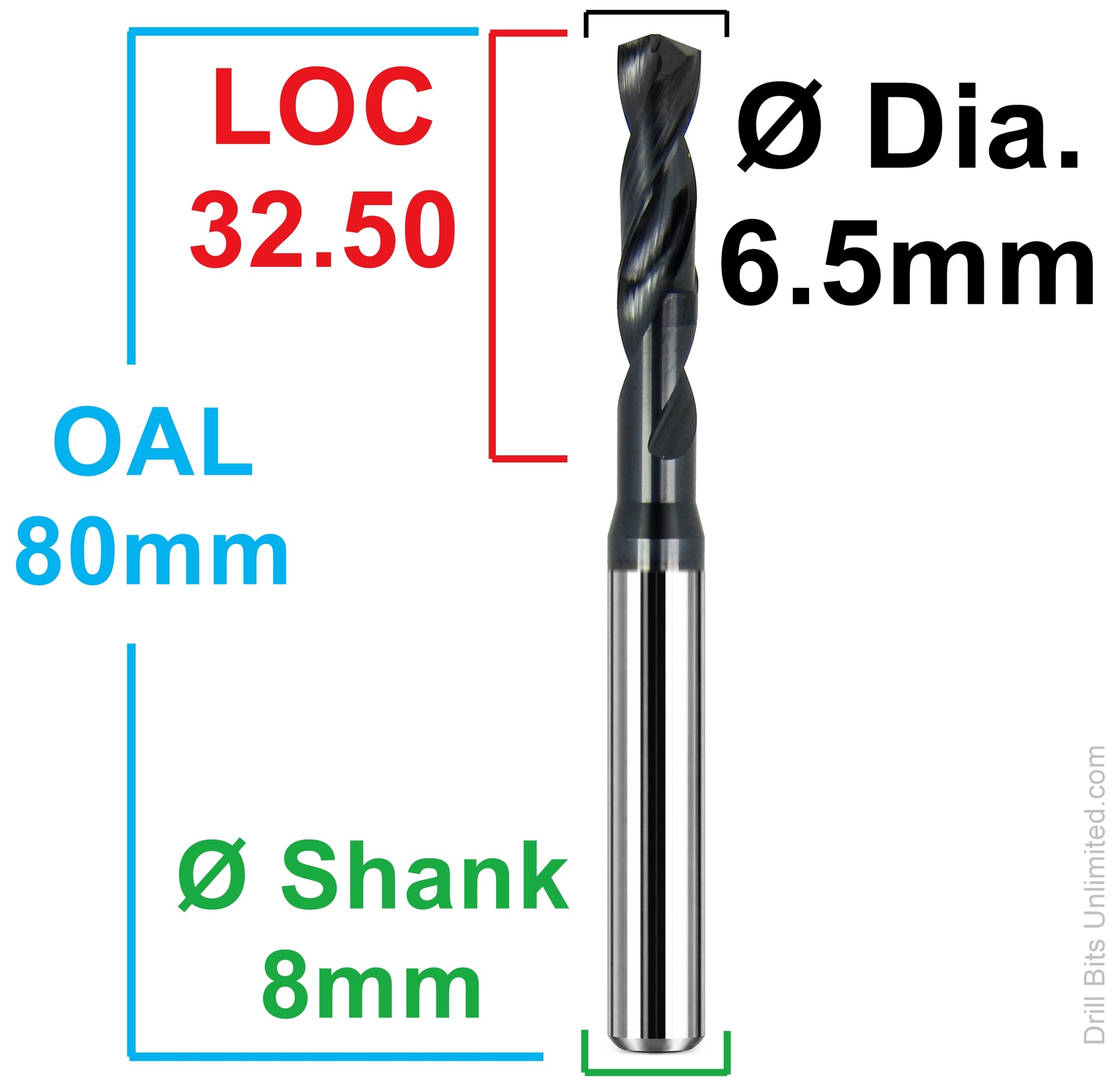 Dimensional drawing of Kyocera 165-2559AG1280 drill showing 6.50mm diameter, 8mm shank, 80mm overall length, 19.50mm flute length, and 32.50mm max length of cut