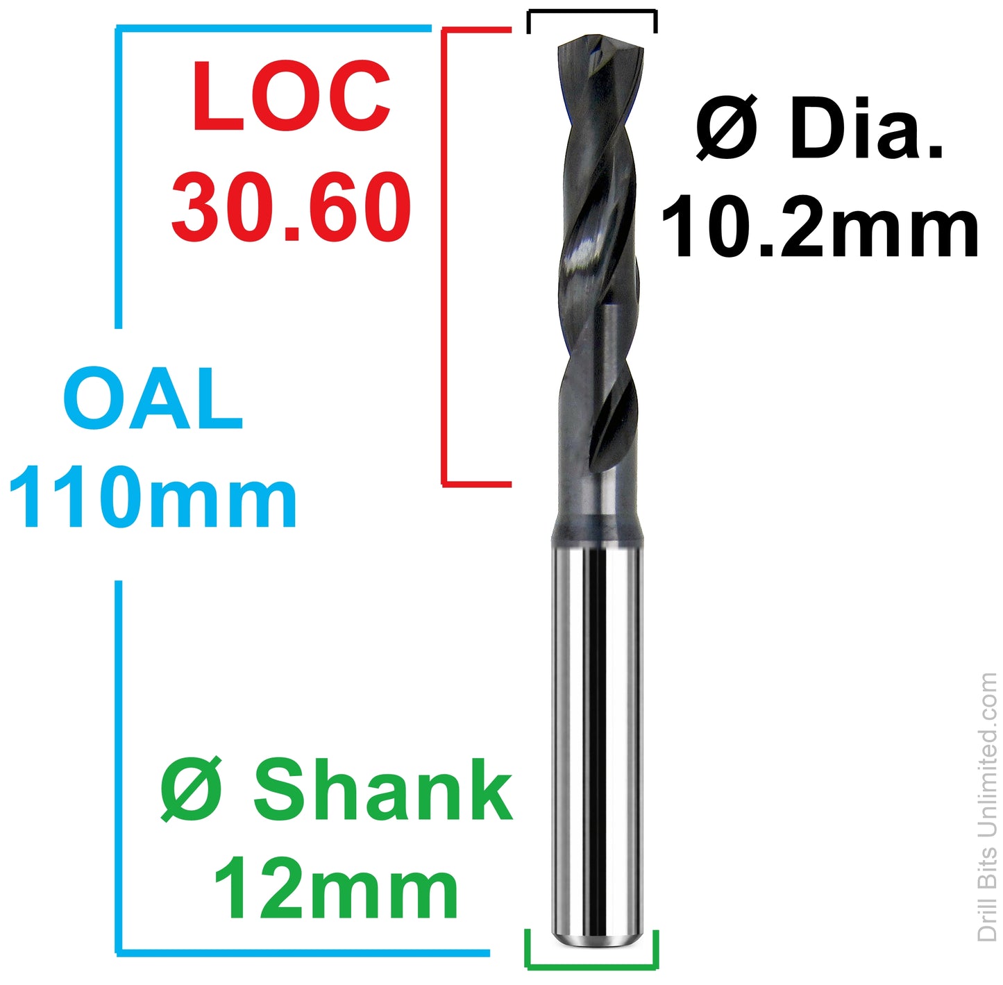 Dimensional drawing of Kyocera 165-4016AG2008 drill showing 10.20mm diameter, 30.60mm LOC, 110mm overall length, and 12mm shank