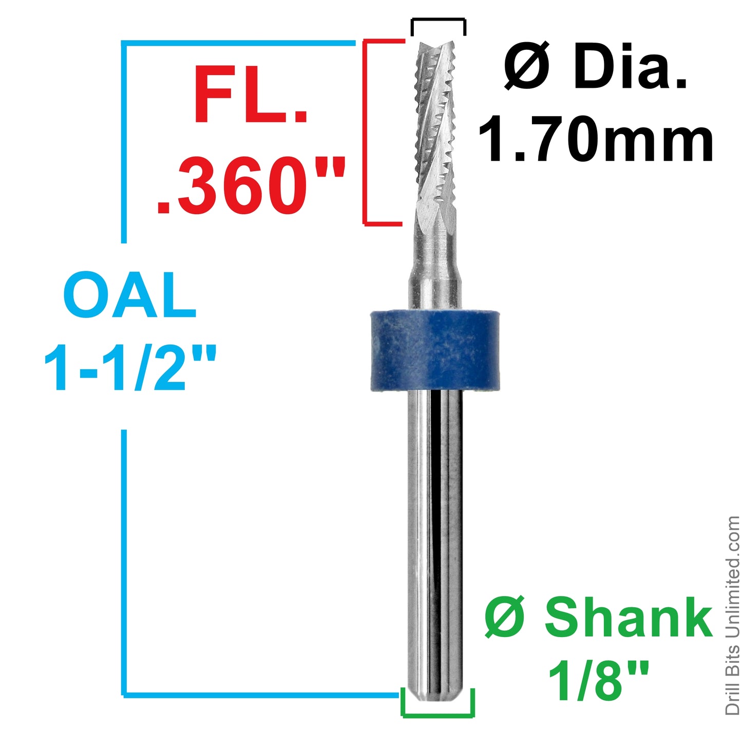 1.70mm chip breaker router showing .360 inch LOC and 1/8 inch shank dimensions
