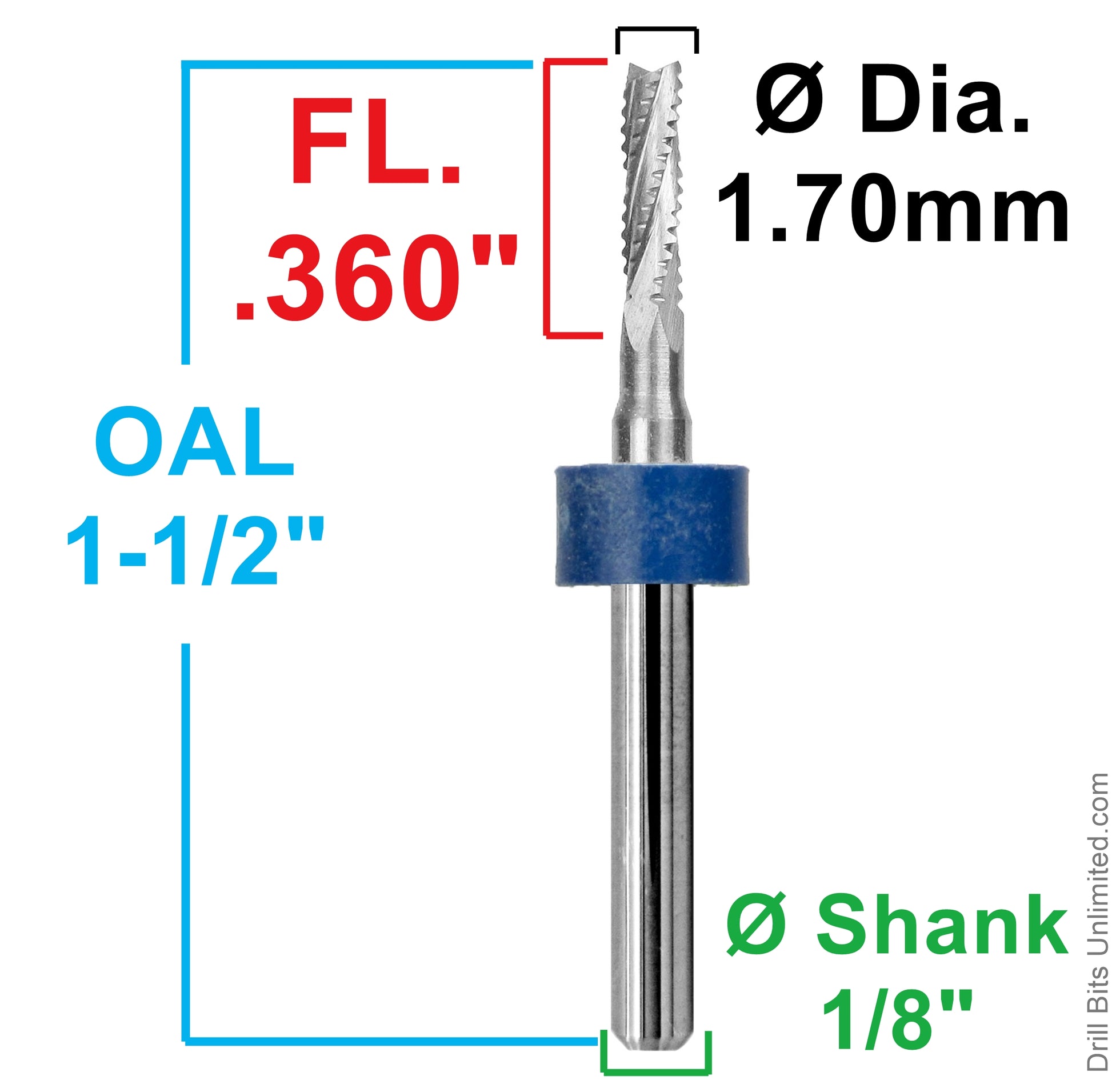 1.70mm chip breaker router showing .360 inch LOC and 1/8 inch shank dimensions