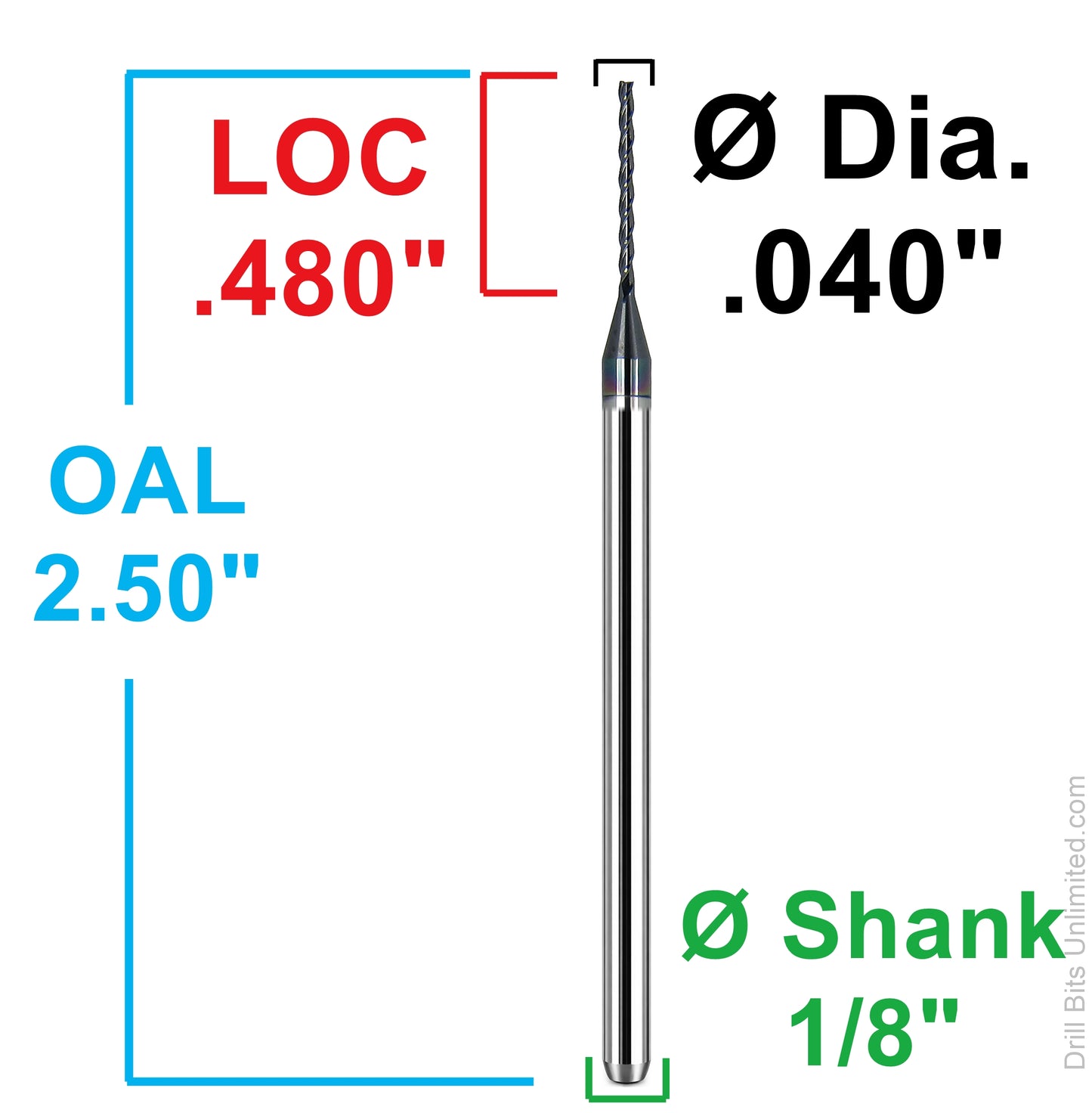Dimensional drawing of Kyocera 1710-0400L480 square end mill showing .040 diameter, .480 LOC, 2.50 overall length, and 1/8 shank