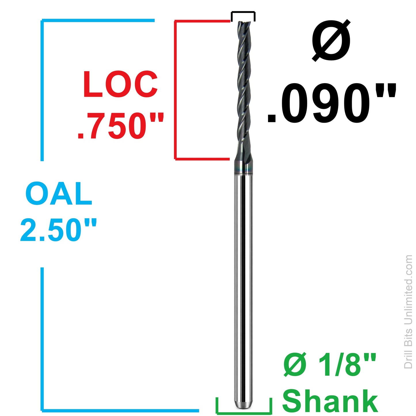 Dimensional drawing of Kyocera 1710-0900L750 square end mill showing .090 diameter, .750 LOC, 1/8 shank, and 2.50 overall length