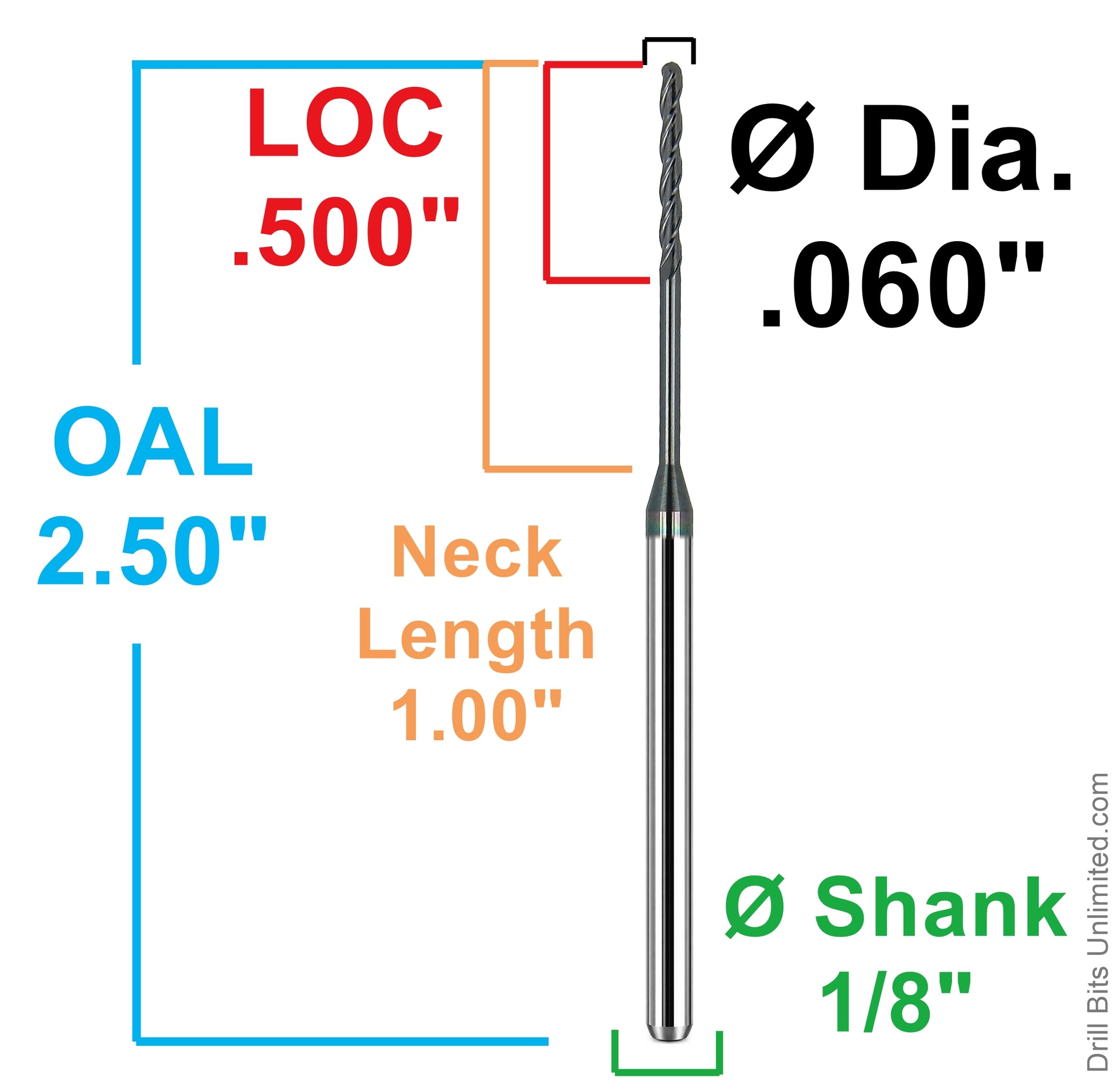 Dimensional drawing of Kyocera 1745-0600L1000 ball nose end mill showing .060 diameter, .500 LOC, 1.000 neck length, 2.50 overall length, and 1/8 shank