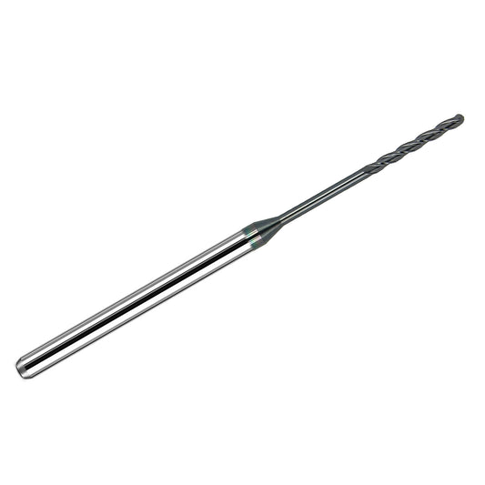 Kyocera .0600 inch 3-flute ball nose carbide end mill with AlTiN coating, extended reach neck, and 1/8 inch shank, made in USA