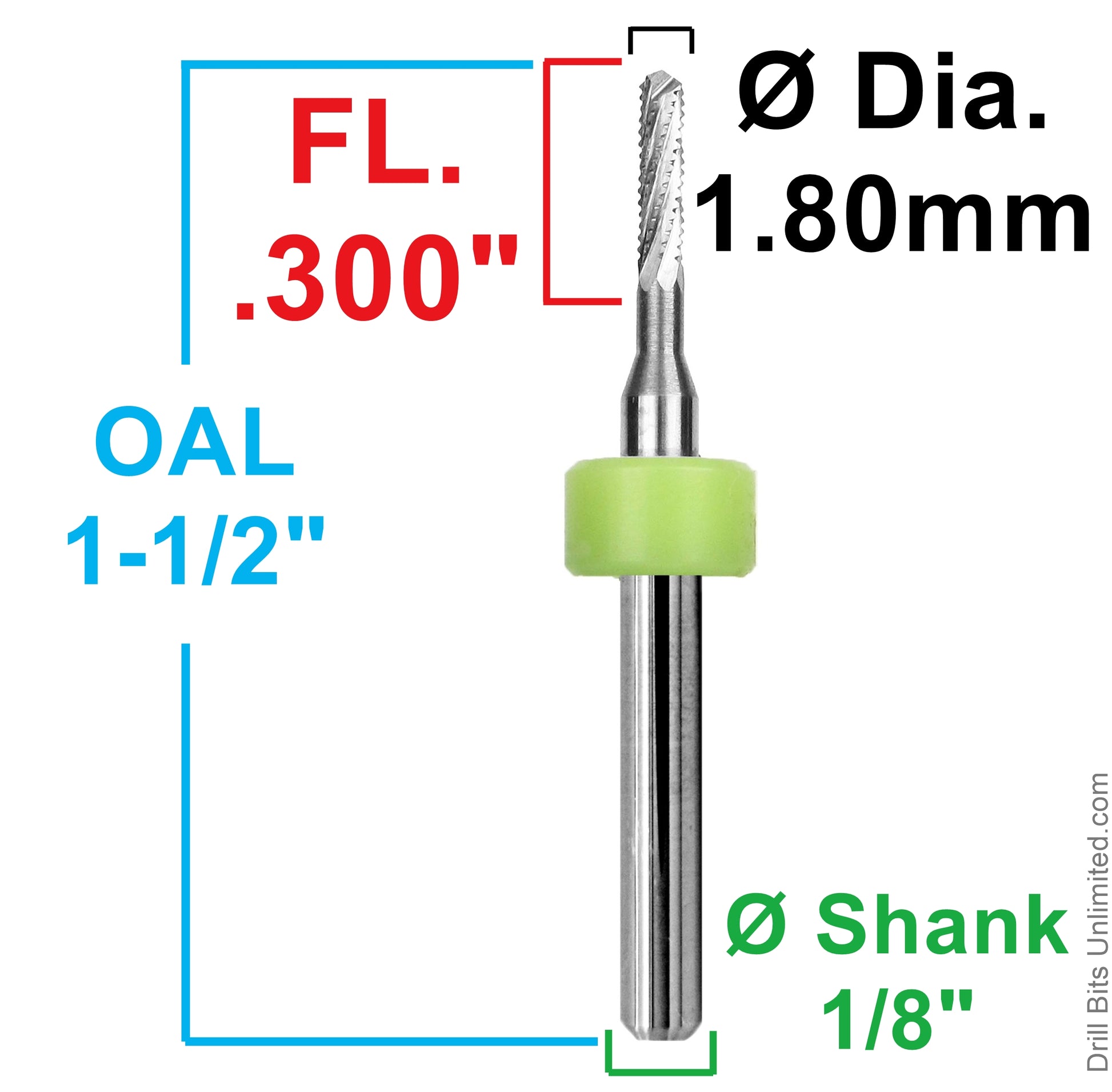 1.80mm chip breaker router showing .300 inch LOC and 1/8 inch shank dimensions