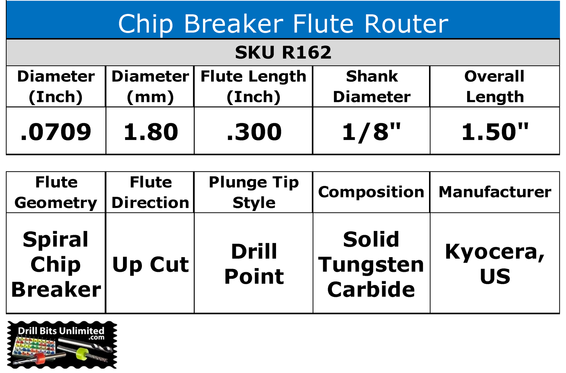 1.80mm chip breaker router showing .300 inch LOC and 1/8 inch shank dimensions