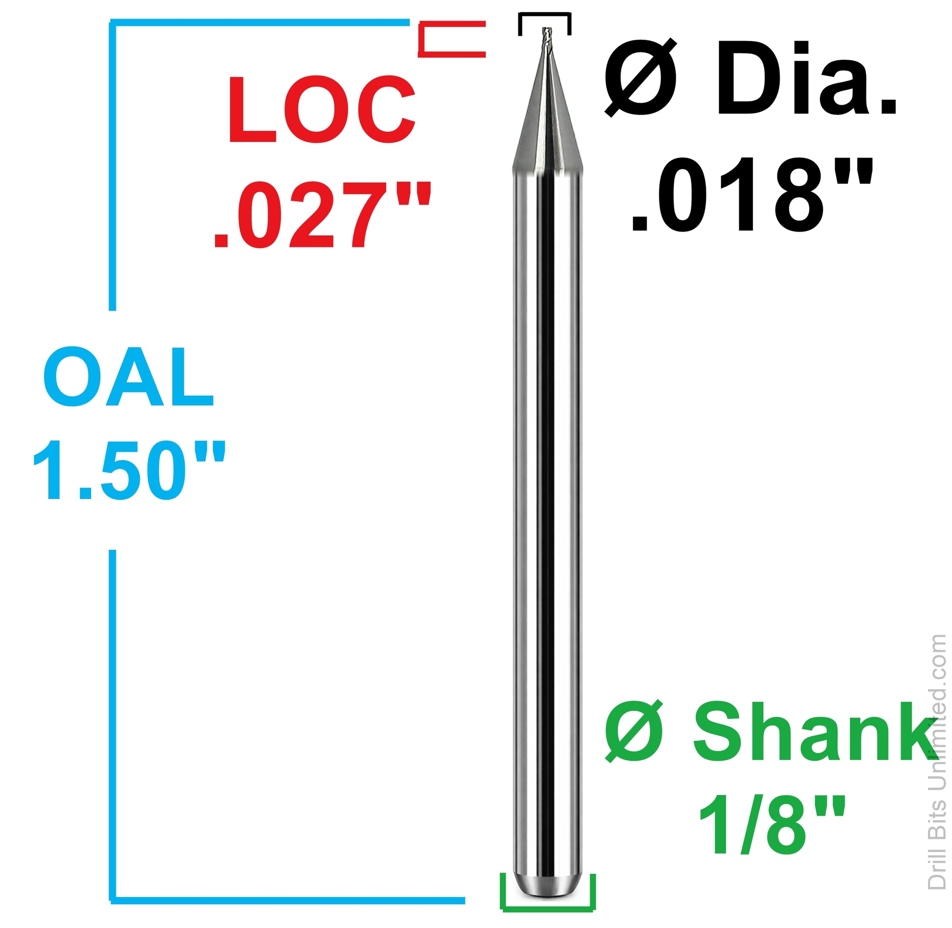 Dimensional drawing of Kyocera 1820-0180.027 square end mill showing .018 diameter, .027 LOC, 1.50 overall length, and 1/8 shank