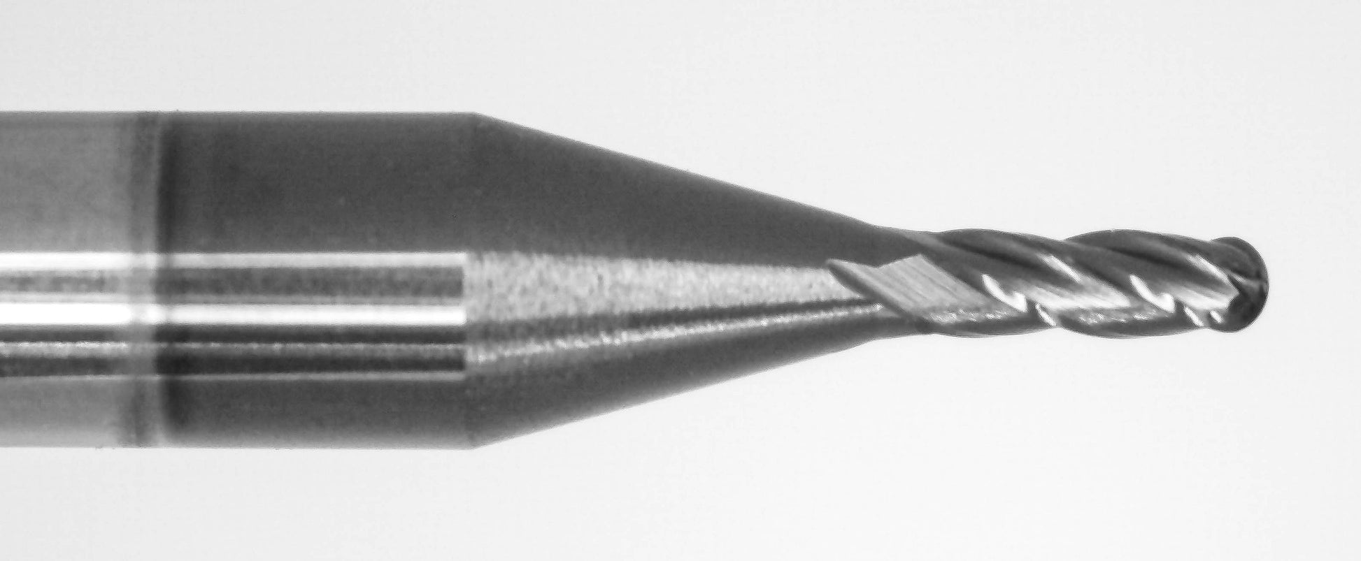 Close-up of cutting end on Kyocera .0410 inch 4-flute AlTiN coated ball nose carbide end mill