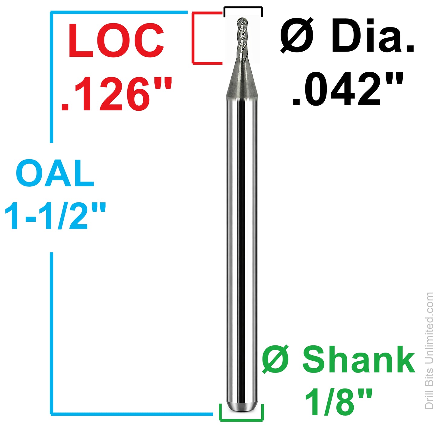 Dimensional drawing of Kyocera 1825-0420.126 ball nose end mill showing .042 diameter, .126 LOC, 1/8 shank, and 1-1/2 overall length