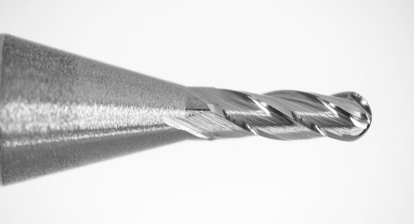 Close-up of cutting end on Kyocera .0420 inch 4-flute ball nose carbide end mill