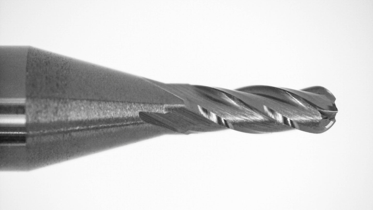 Close-up of tip on Kyocera 0.0490 inch 4-flute ball nose solid carbide end mill with AlTiN coating