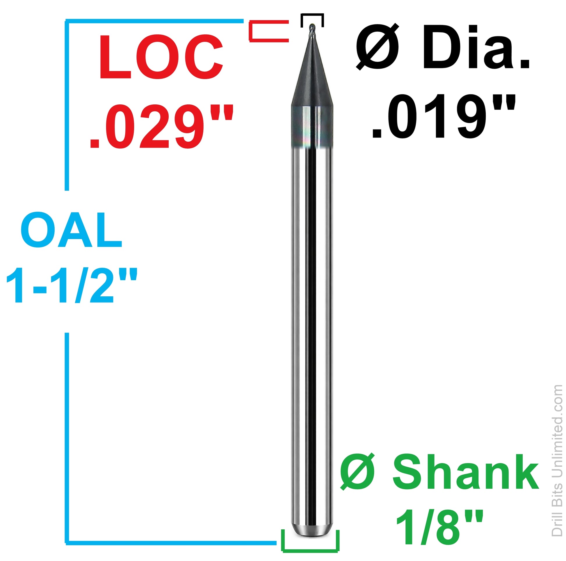 Dimensional drawing of Kyocera 1835-0190L029 ball nose end mill showing .019 diameter, .029 LOC, 1.50 overall length, and 1/8 shank