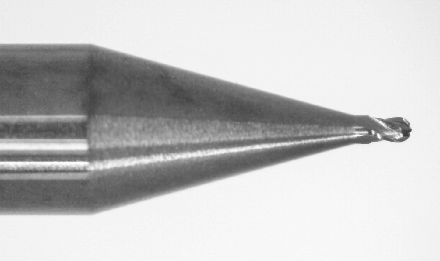 Close-up of cutting end on Kyocera .0190 inch 4-flute AlTiN coated stub-length ball nose carbide end mill