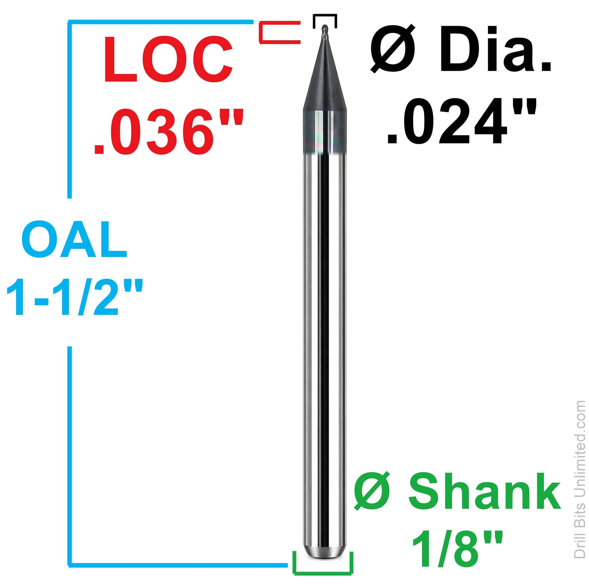 Dimensional drawing of Kyocera 1835-0240L036 ball nose end mill showing .024 diameter, .036 LOC, 1.50 overall length, and 1/8 shank