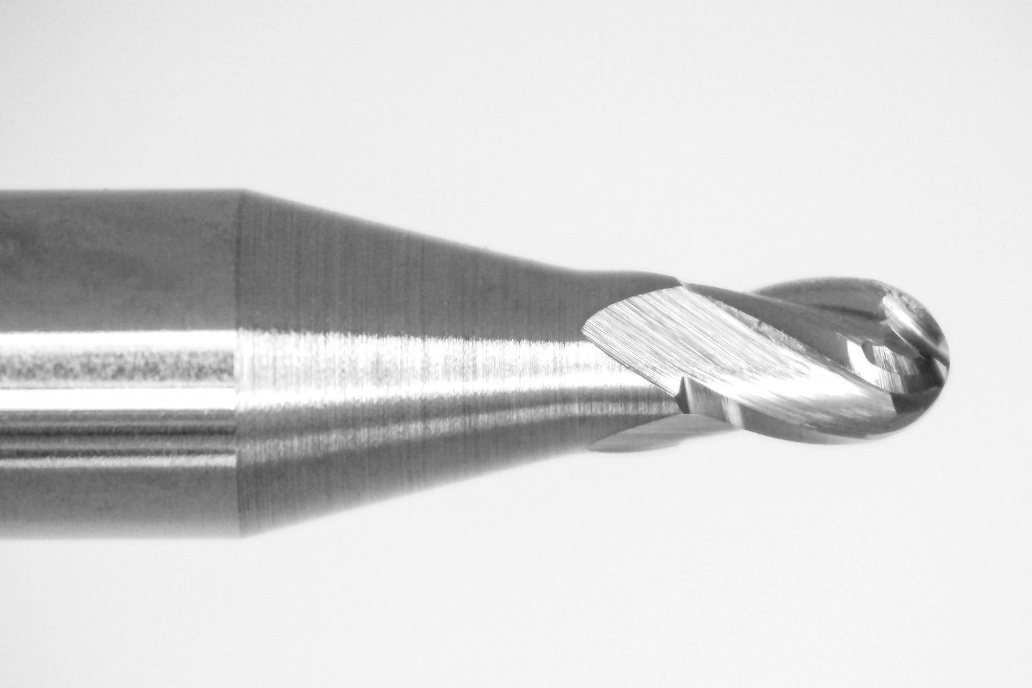 Close-up of cutting end on Kyocera .0600 inch 4-flute uncoated stub-length ball nose carbide end mill