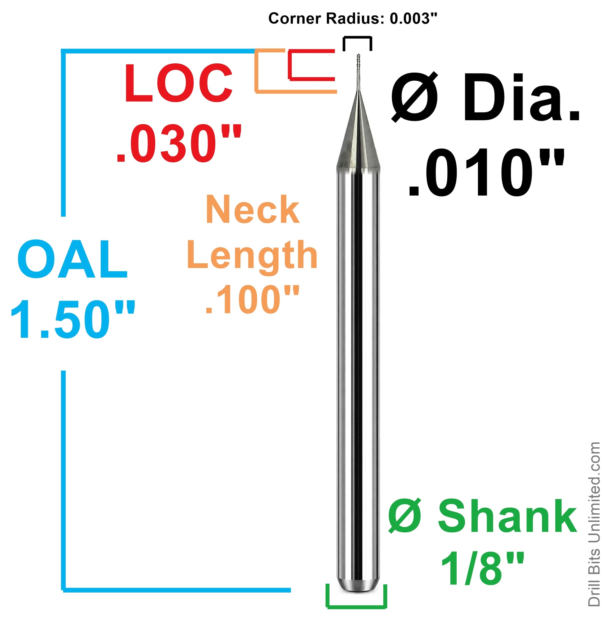 Dimensional drawing of Kyocera 1845-0100.100 ball nose end mill showing .010 diameter, .030 LOC, .100 neck length, 1.50 overall length, and 1/8 shank