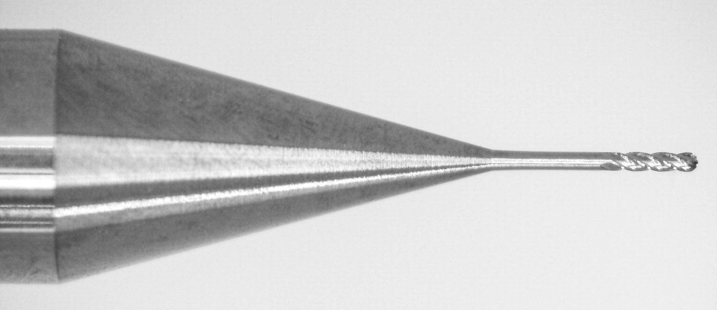 Close-up of cutting end on Kyocera .0100 inch 4-flute uncoated extended reach ball nose carbide end mill