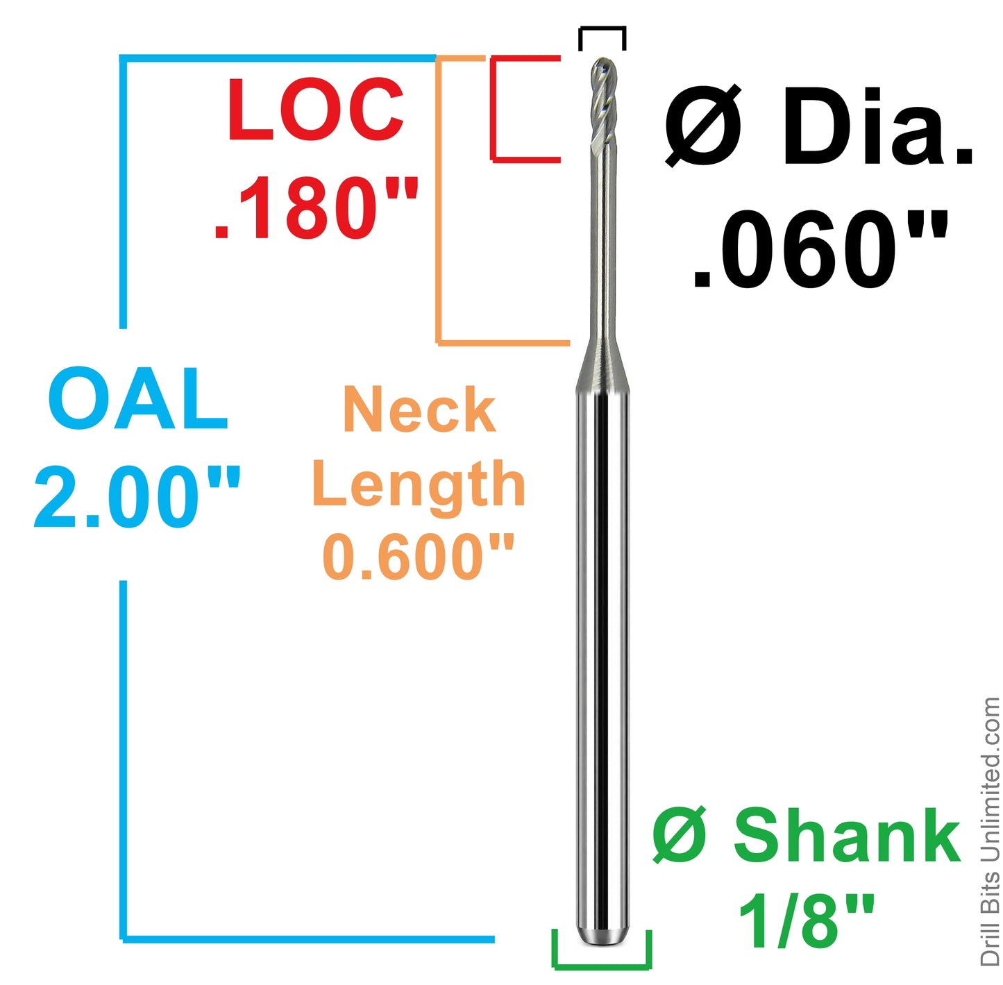 Dimensional drawing of Kyocera 1845-0600.600 ball nose end mill showing .060 diameter, .180 LOC, .600 neck length, 2.00 overall length, and 1/8 shank