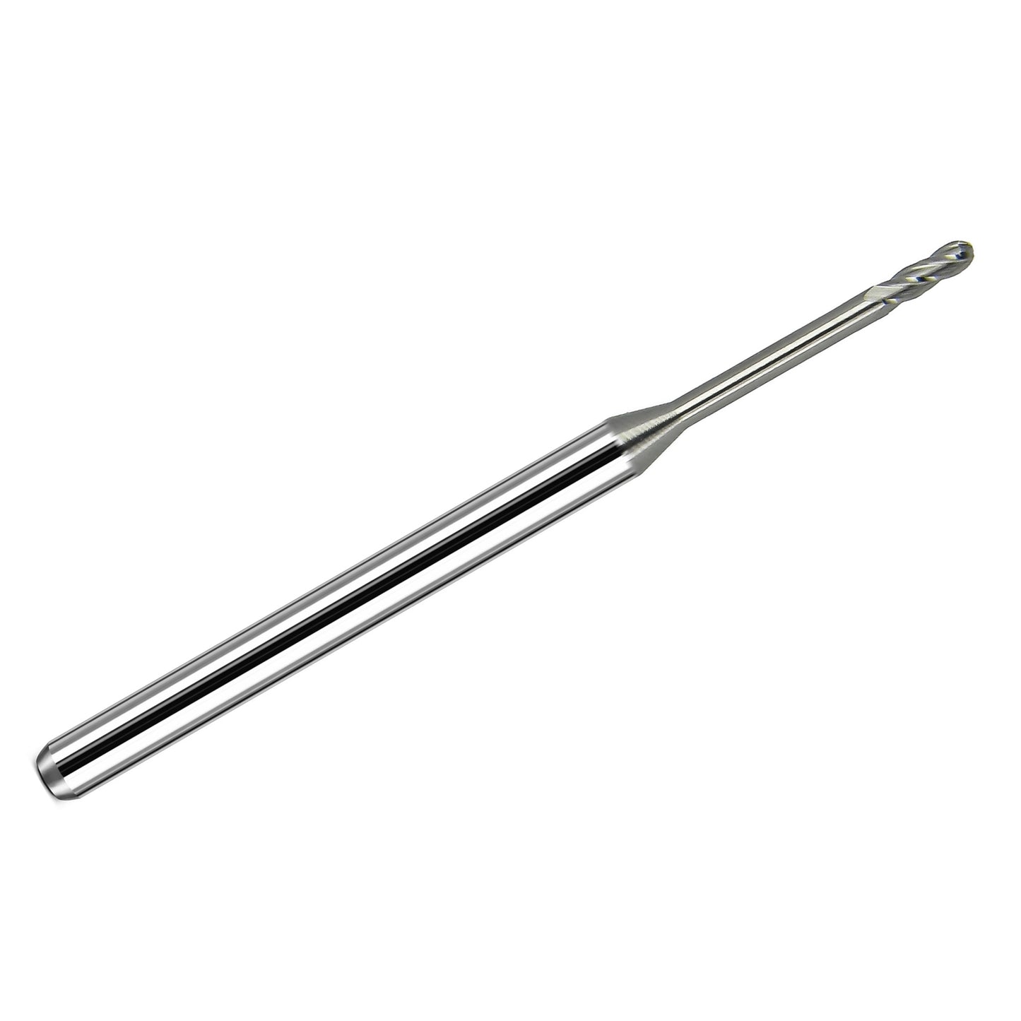 Kyocera .0600 inch 4-flute extended reach ball nose carbide end mill with bright uncoated finish and 1/8 inch shank, made in USA
