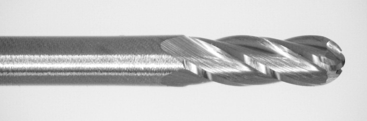 Close-up of cutting end on Kyocera .0600 inch 4-flute bright uncoated extended reach ball nose carbide end mill