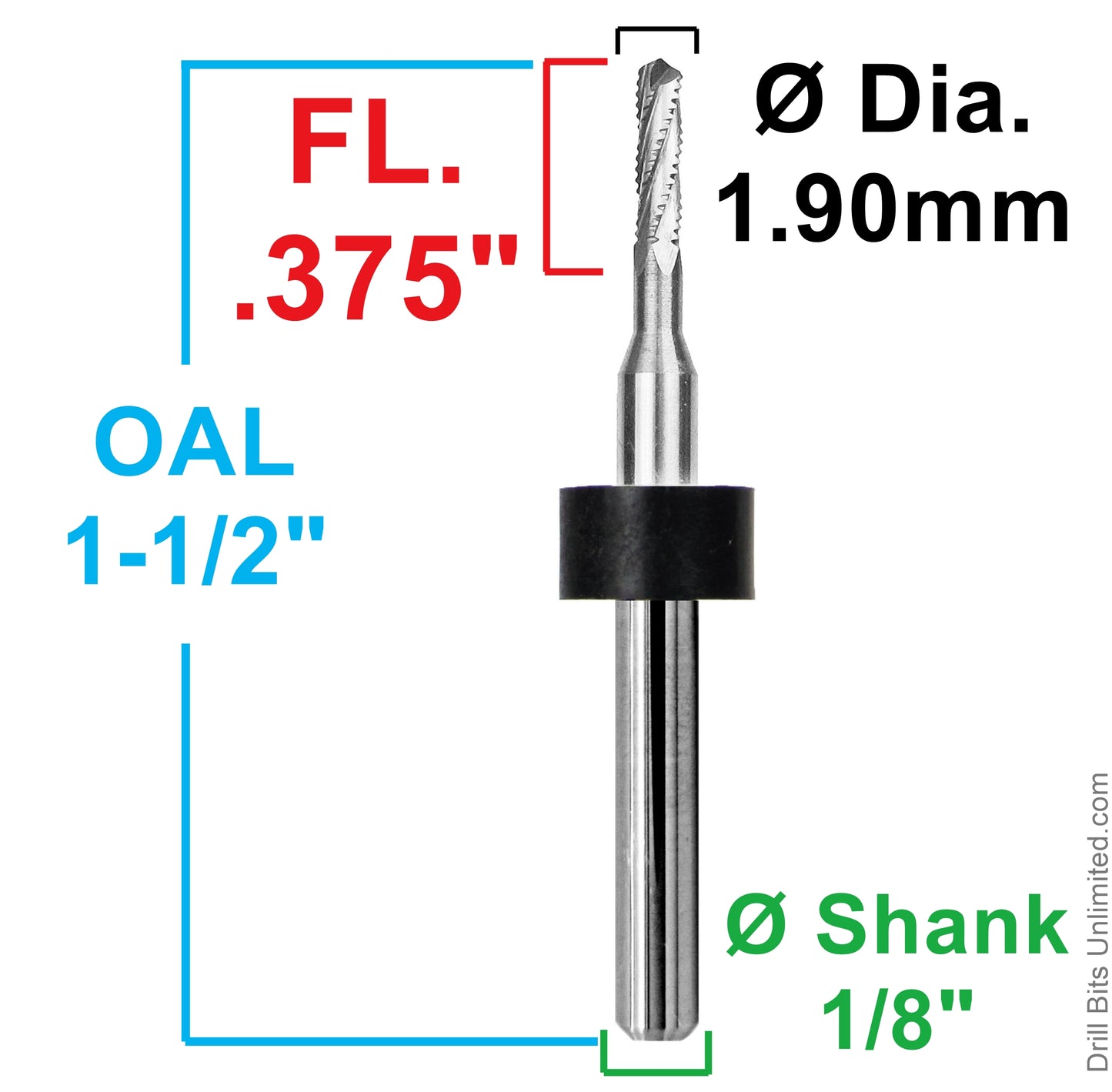 1.90mm chip breaker router showing .375 inch LOC and 1/8 inch shank dimensions
