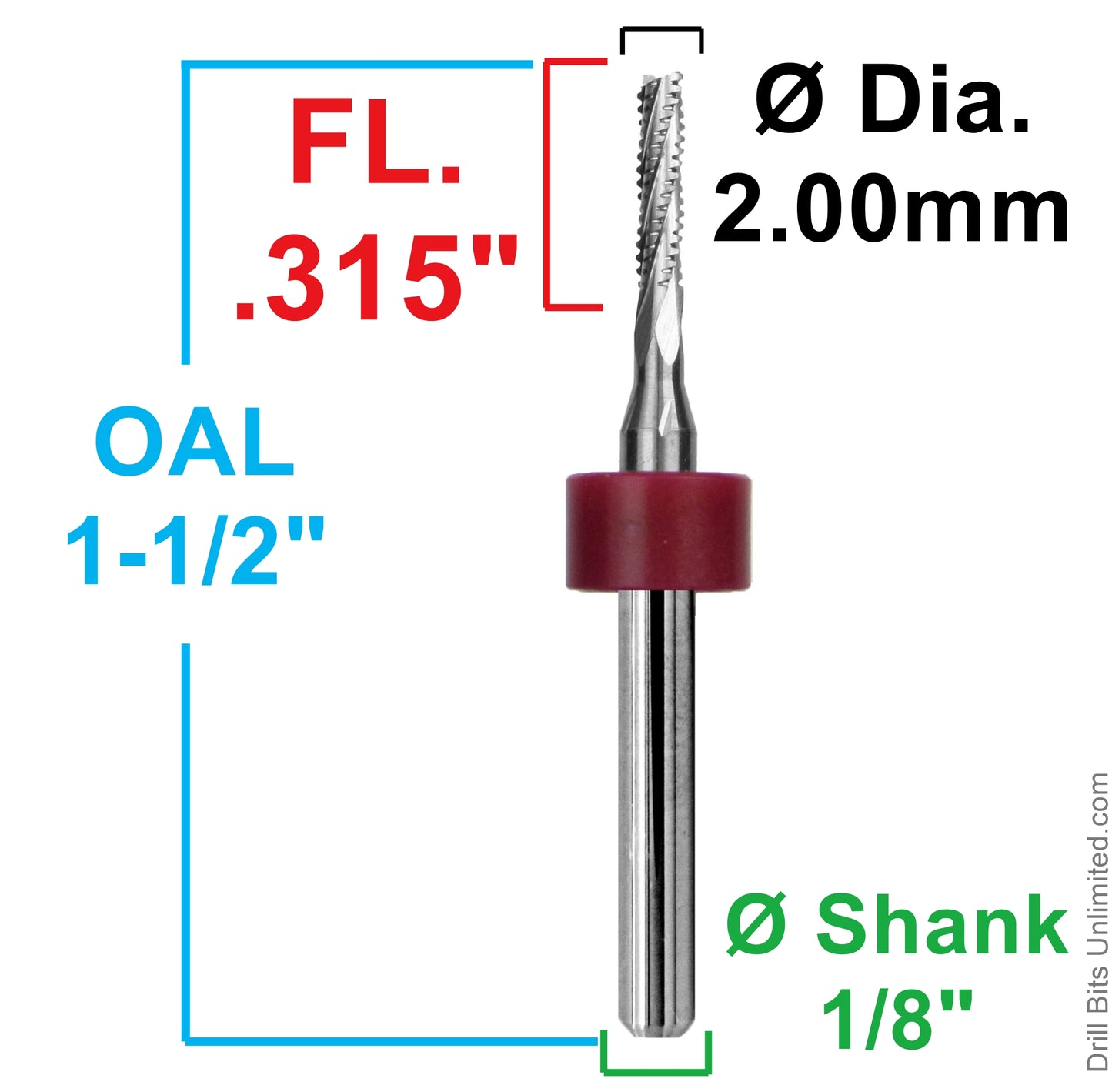 2.00mm chip breaker router showing .315 inch LOC and 1/8 inch shank dimensions