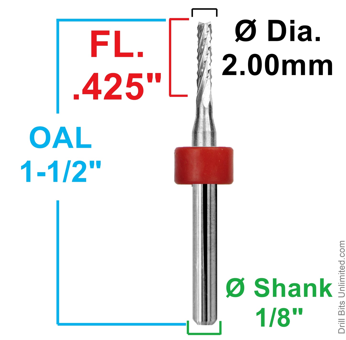 2.00mm chip breaker router showing .425 inch LOC and 1/8 inch shank dimensions