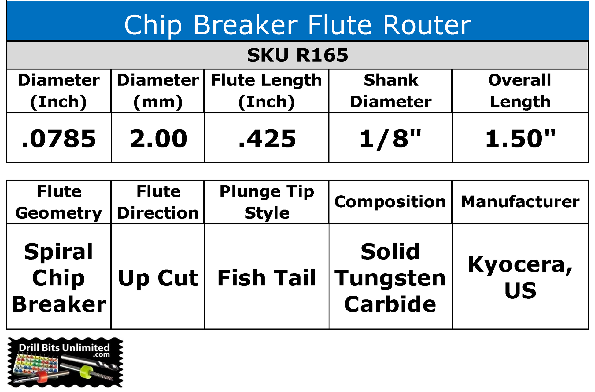 Chip breaker carbide router specifications 2.00mm diameter .425 LOC fish tail Kyocera USA