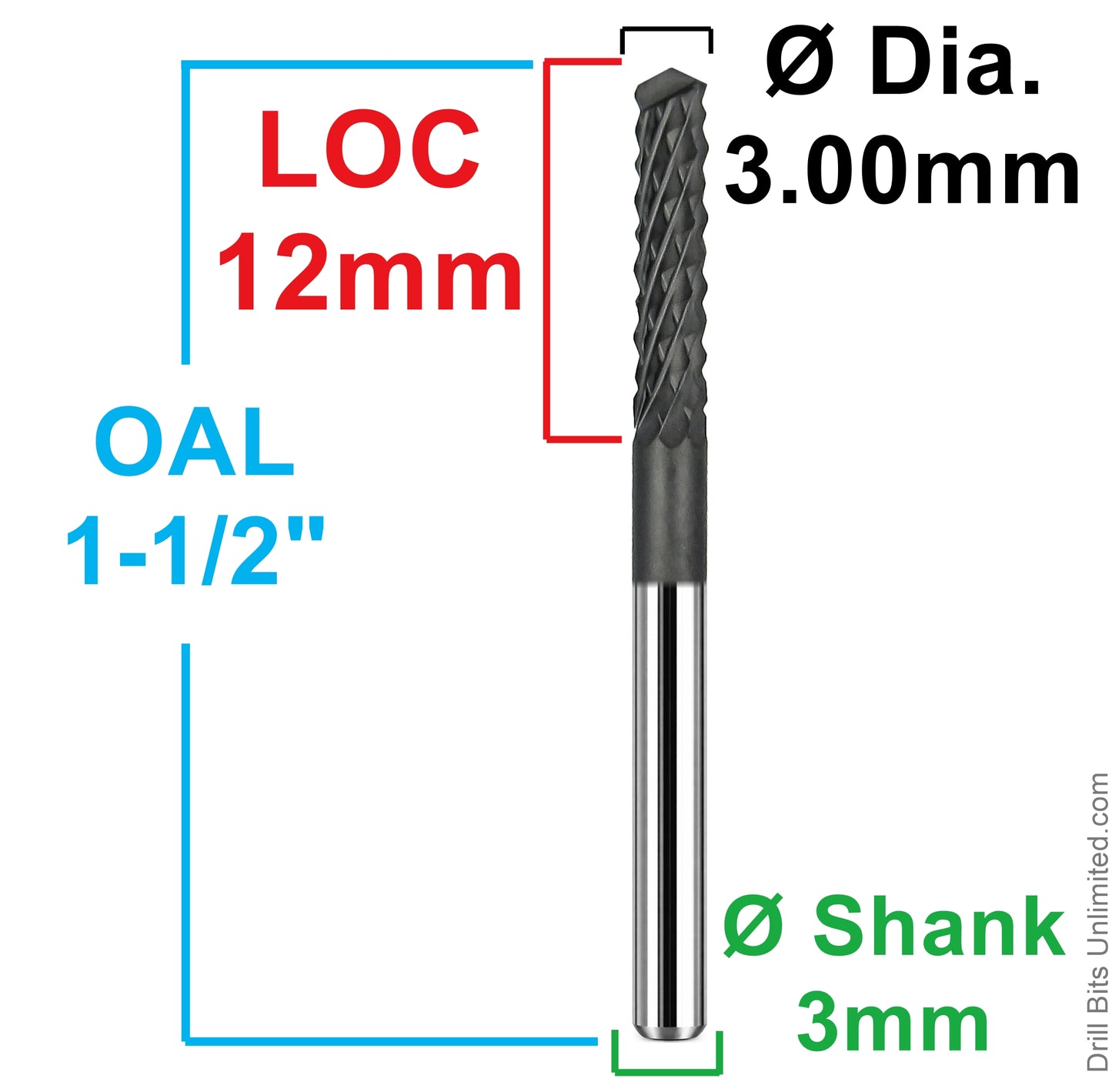 Dimensional drawing of Kyocera 2120-1181V472D router bit showing 3.00mm diameter, 12mm LOC, 38mm overall length, and 3mm shank